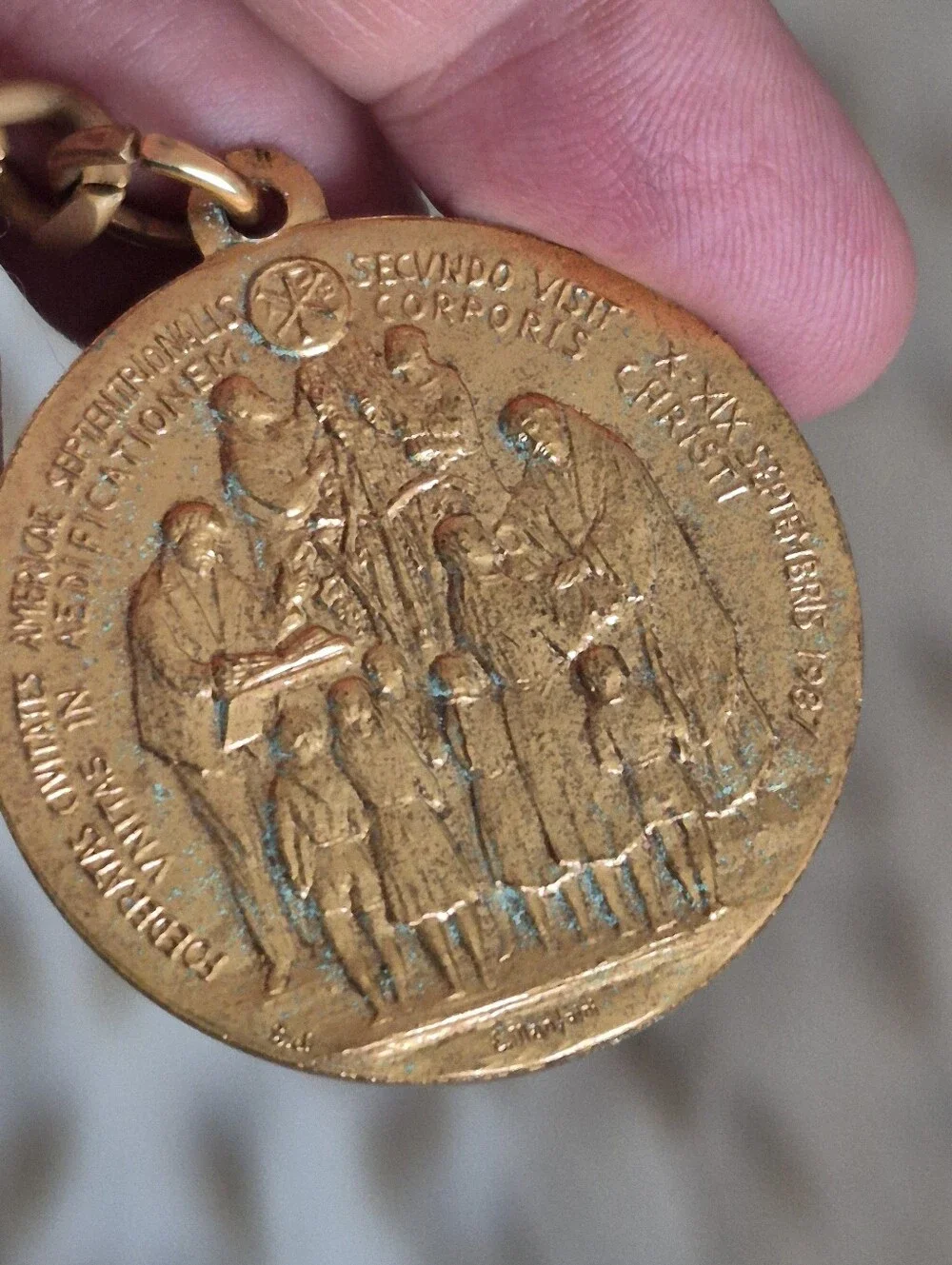 Vintage Gold-Tone Religious Medal Keychain with Red Pouch